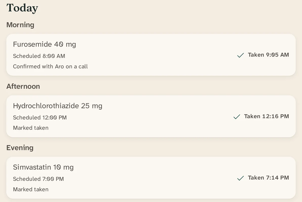 The Aro Medications screen for a labelled demo household: today’s doses grouped by morning, afternoon and evening, each recorded as taken with its time.